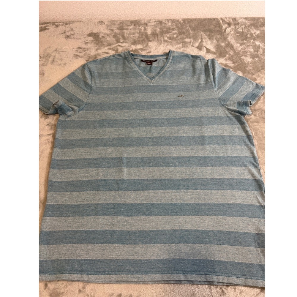 Michael Kors Mens XXL Blue Striped V-Neck Short Sleeve Cotton T-Shirt MK Logo‎